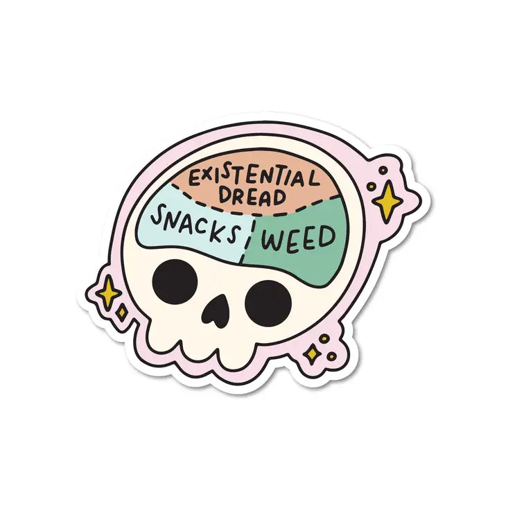 Only Thinking About Snacks, Weed, and Existential Dread Waterproof Sticker | Featured Brand