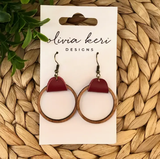 Dark Red Wood Hoops Earrings