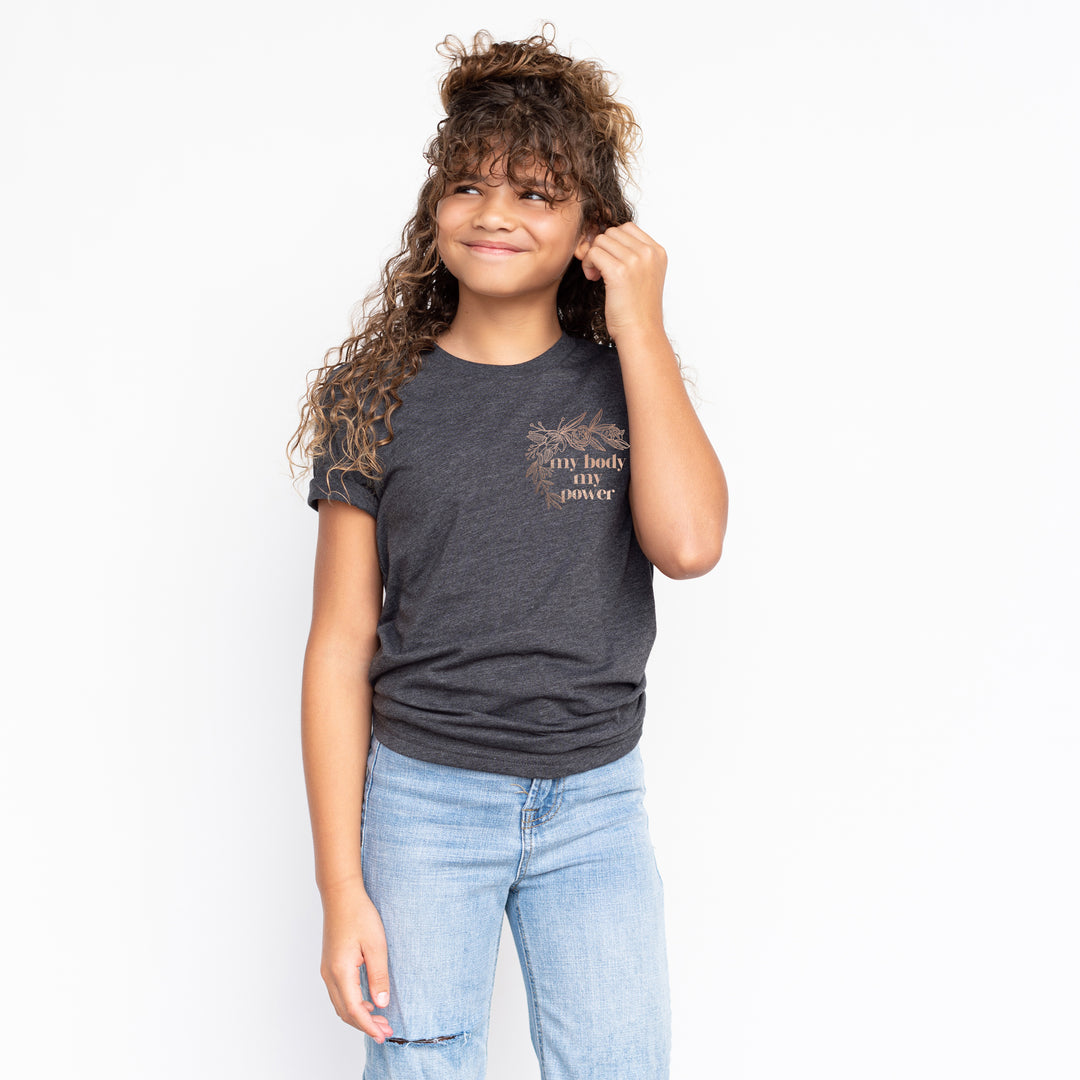 My Body My Power Dark Heather Gray Youth Tee | Dark Rose Gold Ink