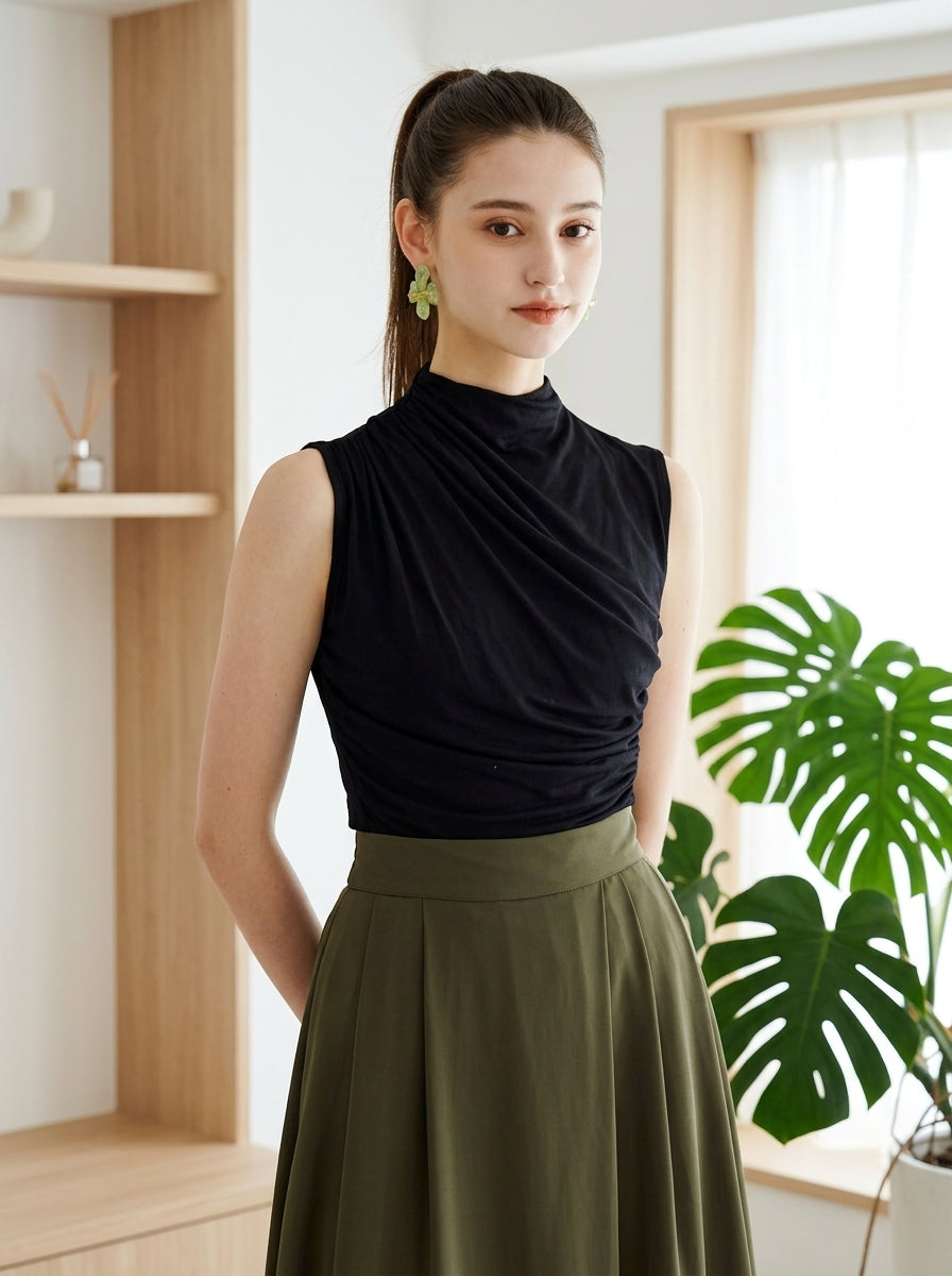 Midnight Elegance Ruched Sleeveless Top in classic black