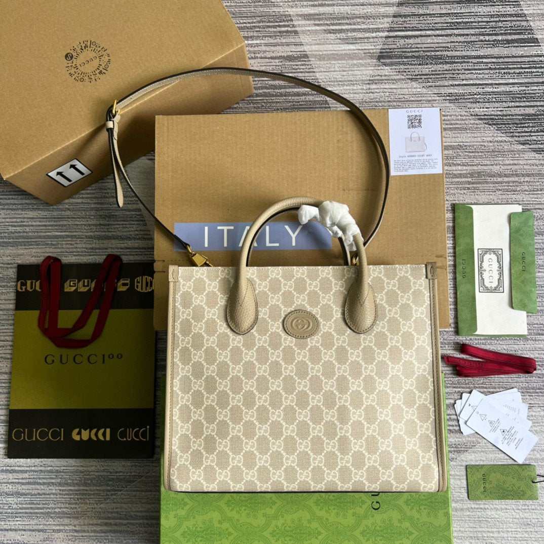 Gucci Small Tote Bag With Interlocking G Beige For Women, Women’s Bags 12.2in/31cm