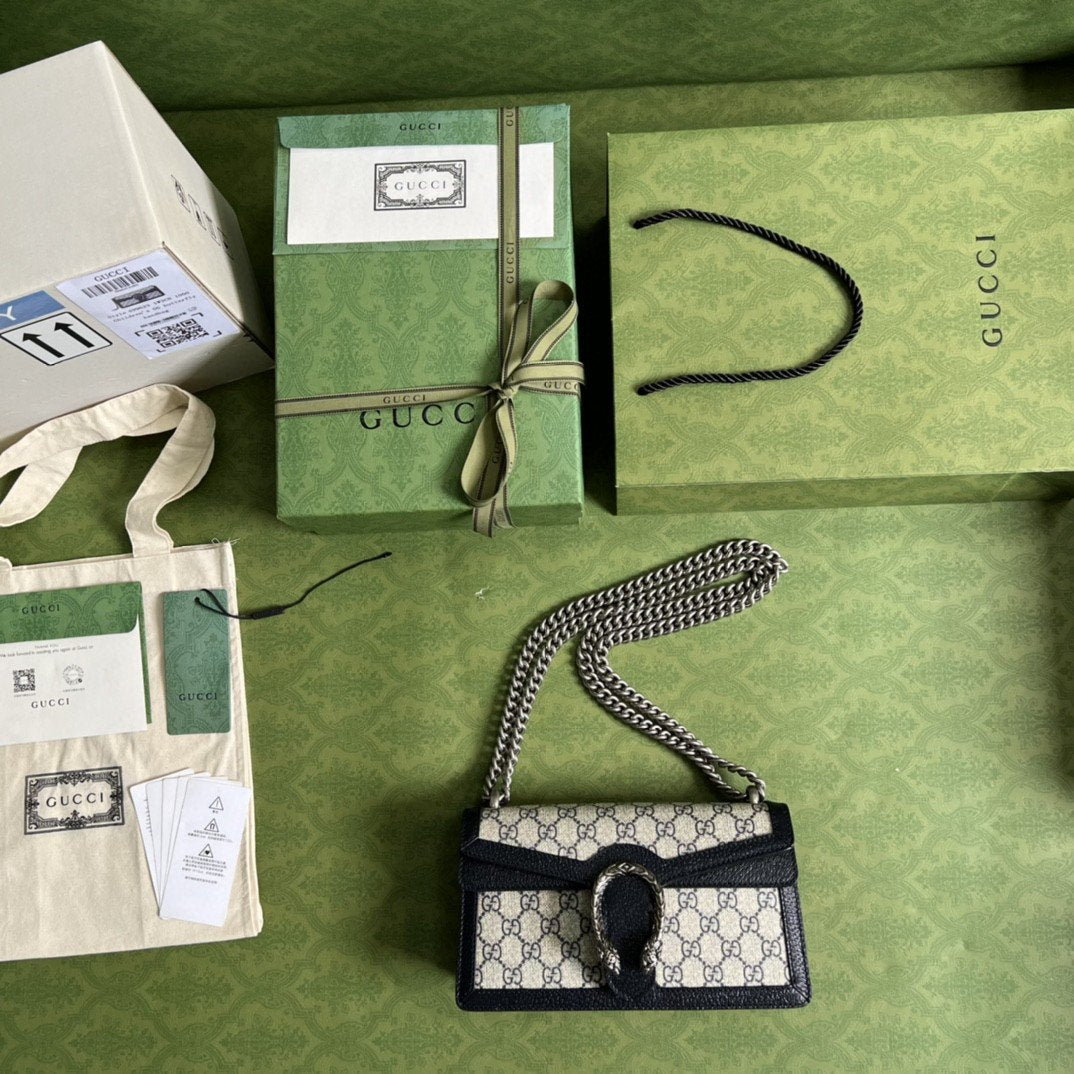 Gucci Dionysus Small GG Shoulder Bag Beige And Blue GG Supreme Canvas For Women 10in/25cm