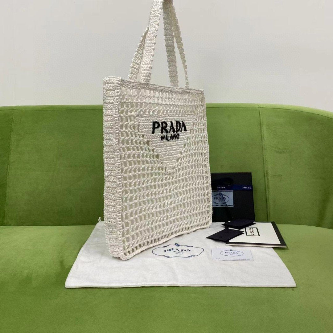 Prada Raffia Tote Bag White For Women, Women’s Bags 14.9in/38cm