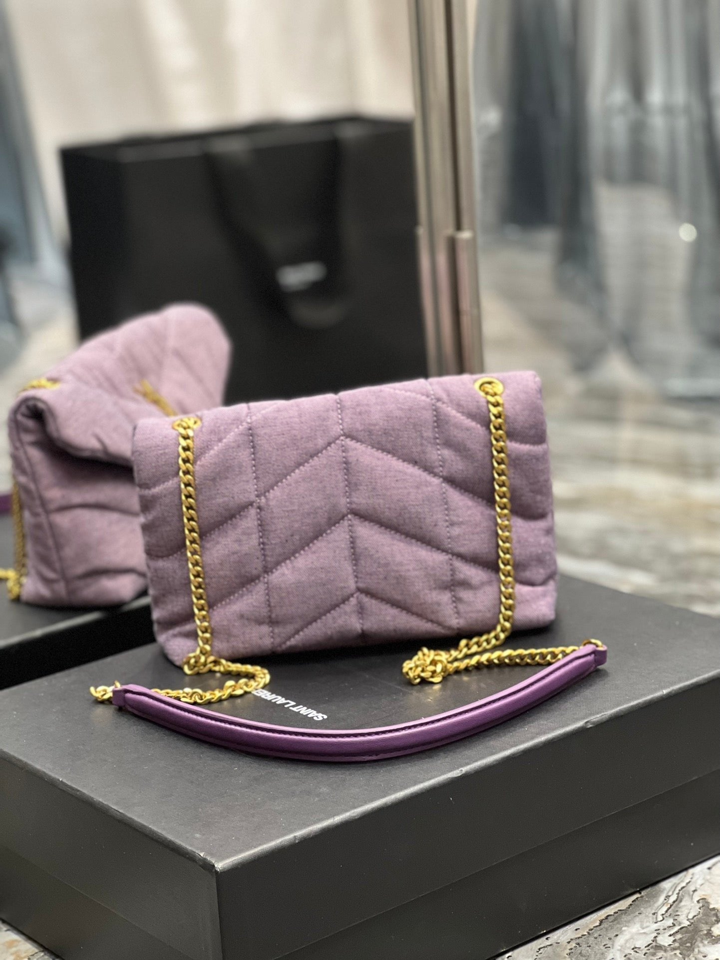Saint Laurent Puffer Small Chain Bag In Denim 23cm