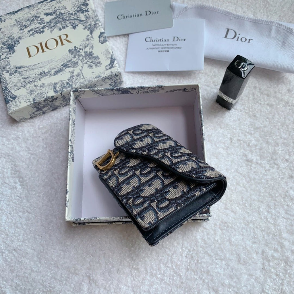 Christian Dior Saddle Flap Card Holder Black Wallet 11cm