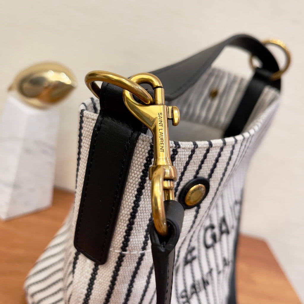 Saint Laurent Rive Gauche Bucket Bag In Striped Canvas For Women 30cm Black And White YSL 669299FAAE59583