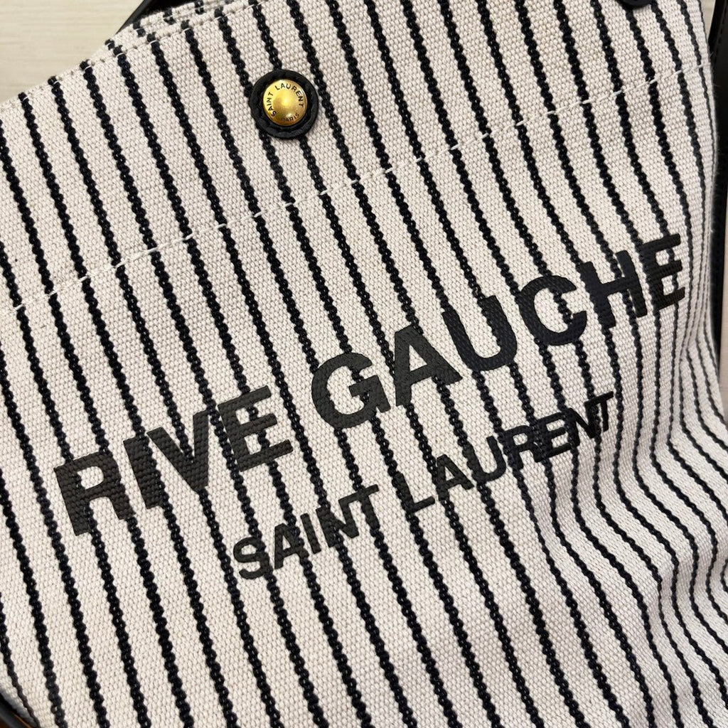 Saint Laurent Rive Gauche Bucket Bag In Striped Canvas For Women 30cm Black And White YSL 669299FAAE59583
