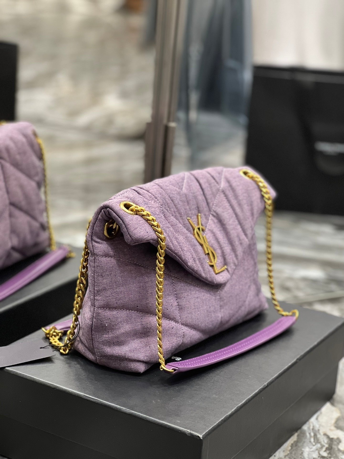 Saint Laurent Puffer Small Chain Bag In Denim 29cm