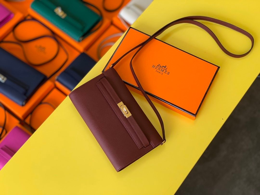 Hermes Kelly Wallet To Go Woc Epsom Wine For Women, Women’s Wallet 8.3in/21cm