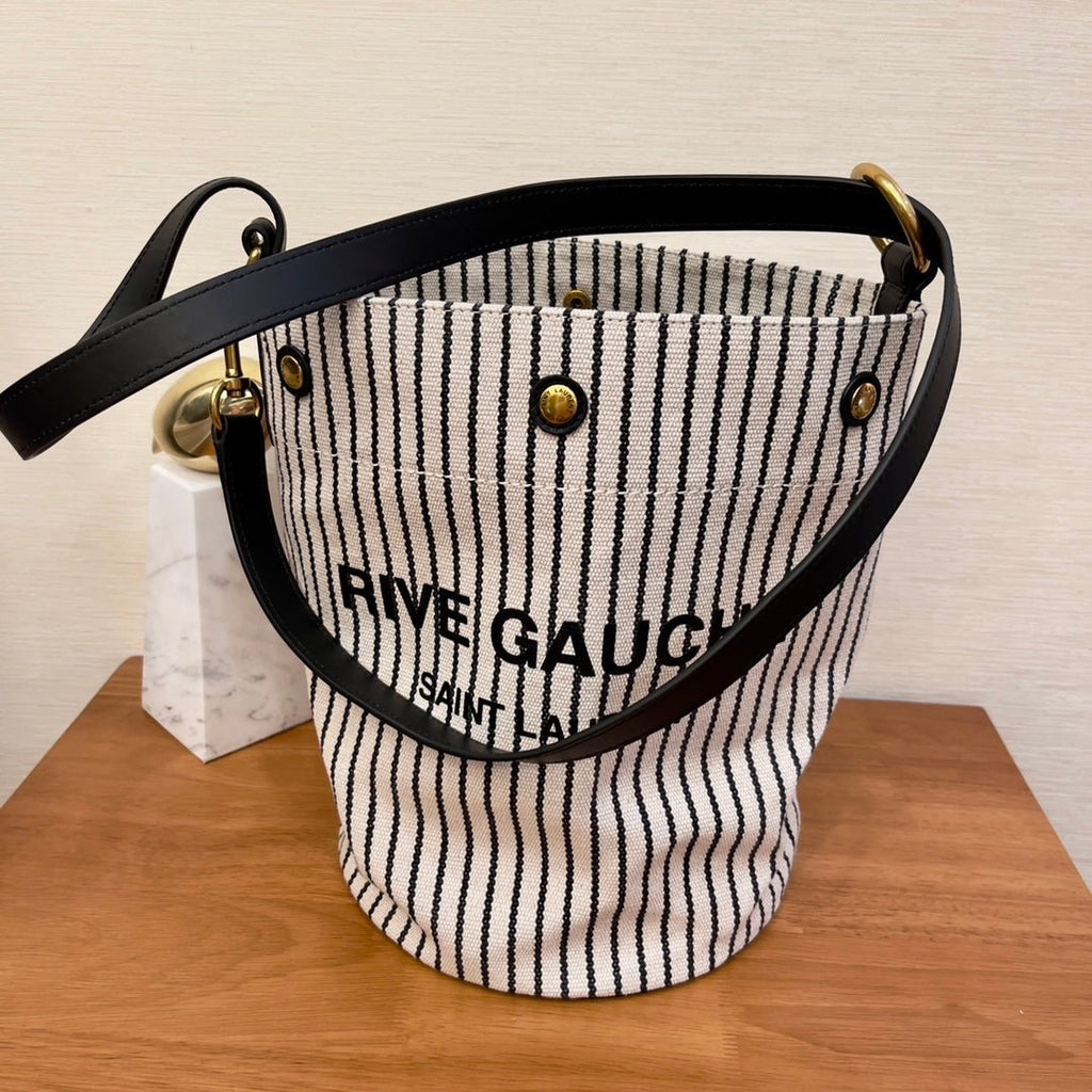 Saint Laurent Rive Gauche Bucket Bag In Striped Canvas For Women 30cm Black And White YSL 669299FAAE59583