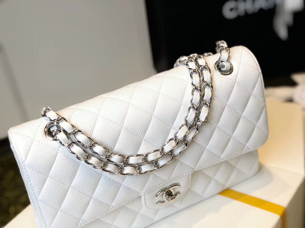Chanel Classic Medium Flapbag Silver Hardware 26cm White