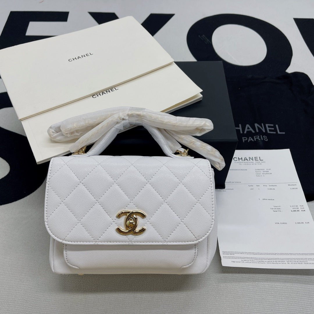 Chanel Flap Bag Top Handle With Gold Toned Hardware Chain 19cm White