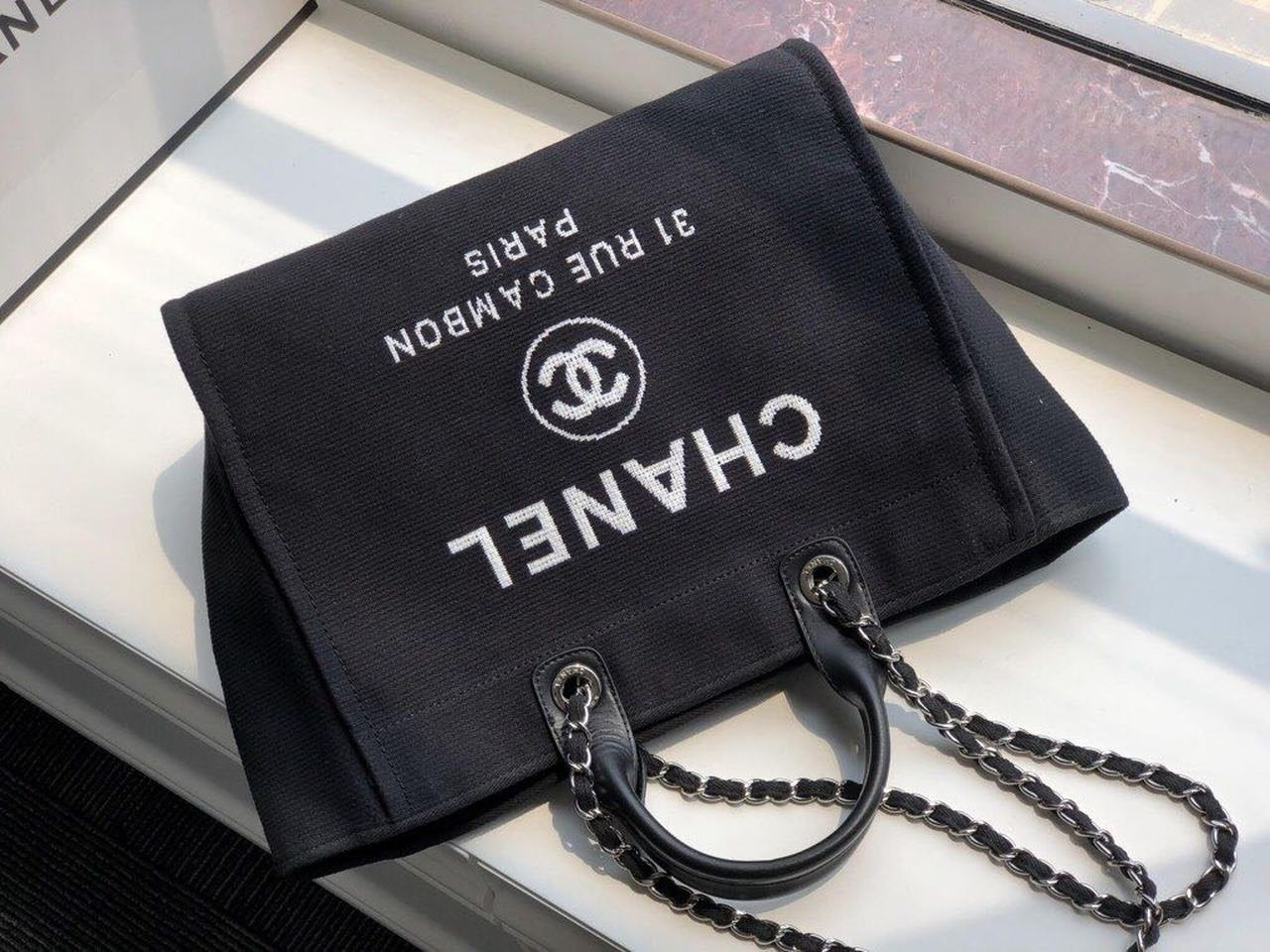 Chanel Deauville Tote 38cm Twill Canvas Bag Fall/Winter Collection Black/White