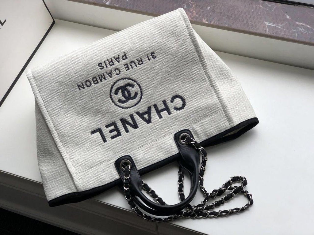 Chanel Deauville Tote 38cm Twill Canvas Bag Fall/Winter Collection White/Black