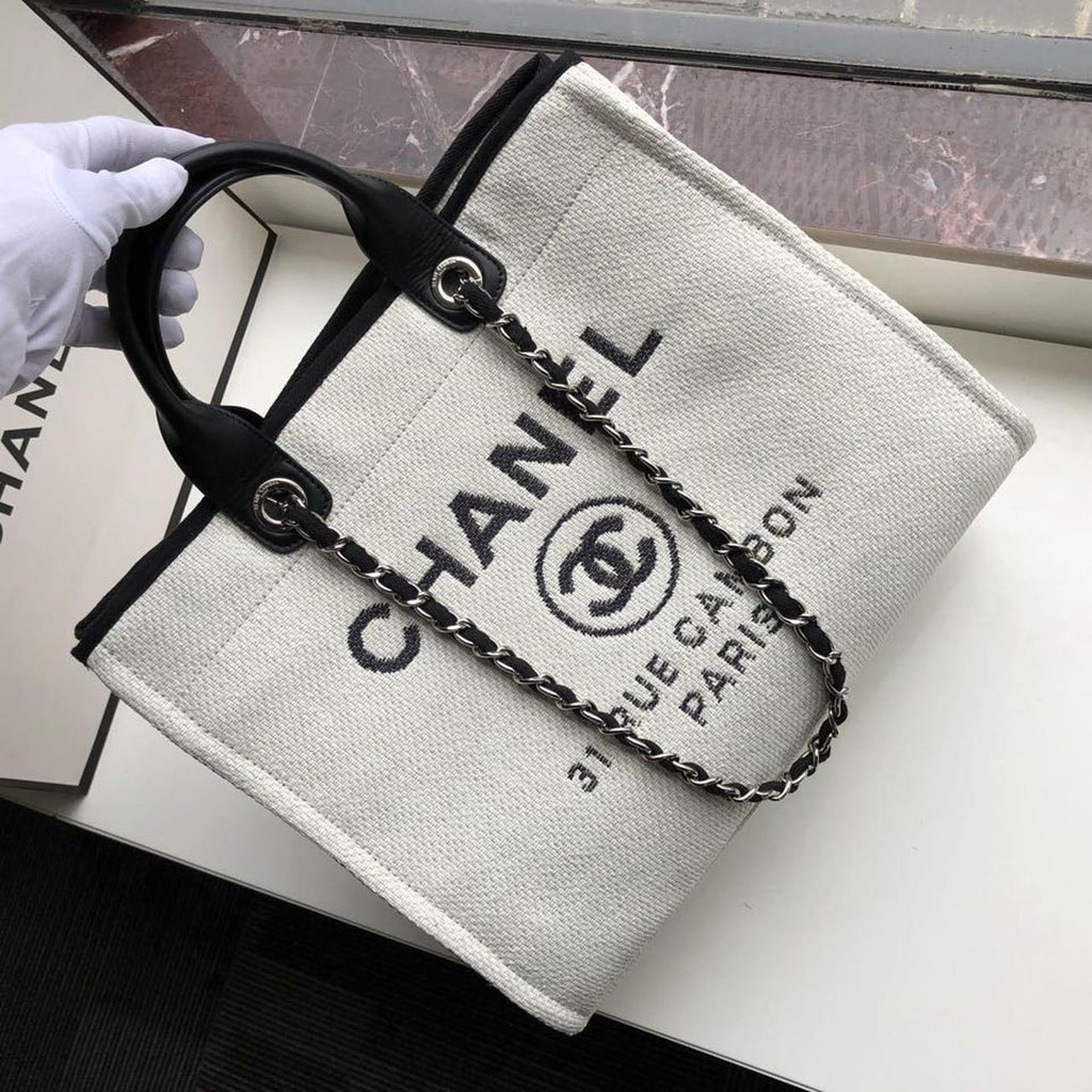 Chanel Deauville Tote 38cm Twill Canvas Bag Fall/Winter Collection White/Black