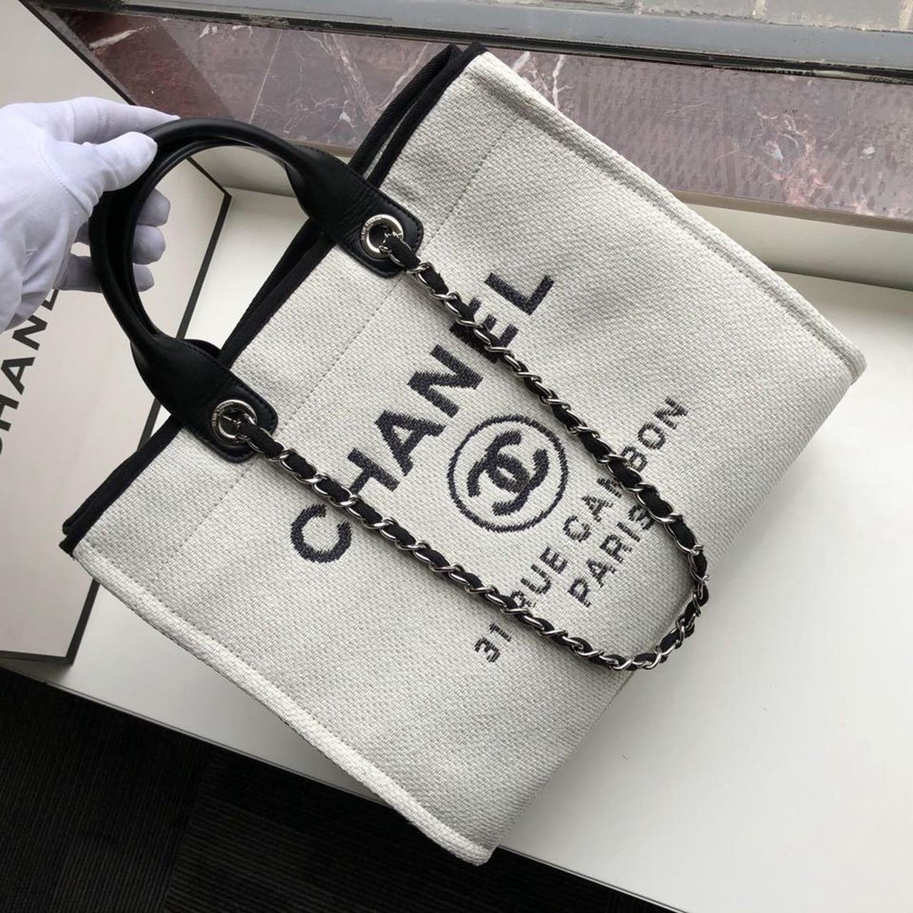 Chanel Deauville Tote 38cm Twill Canvas Bag Fall/Winter Collection White/Black