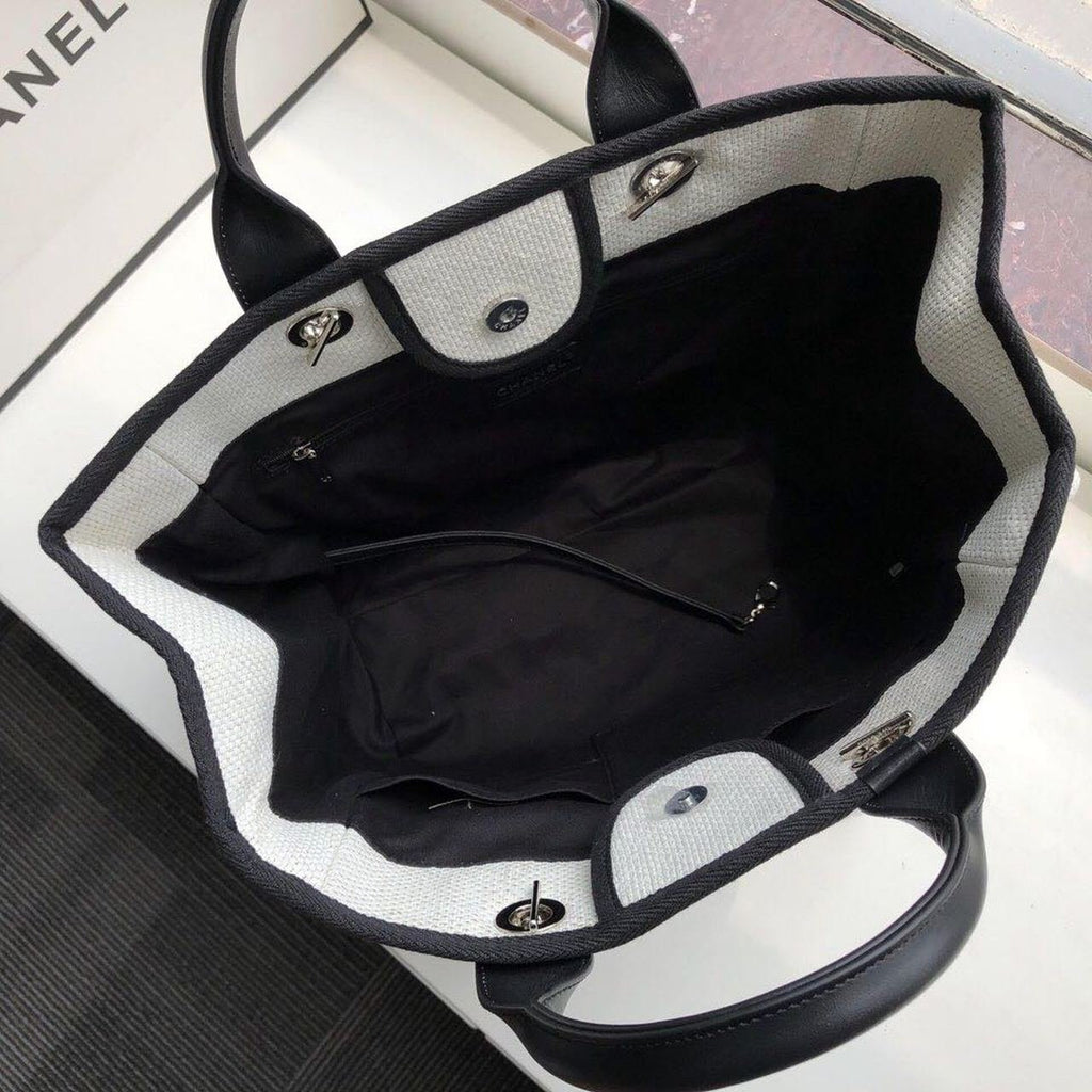Chanel Deauville Tote 38cm Twill Canvas Bag Fall/Winter Collection White/Black