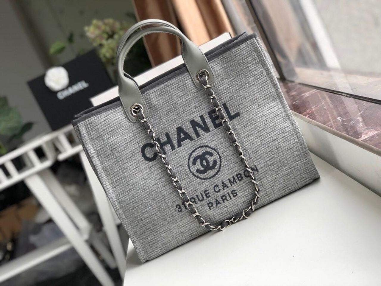 Chanel Deauville Tote 38cm Raffia Canvas Bag Fall/Winter Collection Light Grey/Black