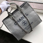 Chanel Deauville Tote 38cm Raffia Canvas Bag Fall/Winter Collection Light Grey/Black