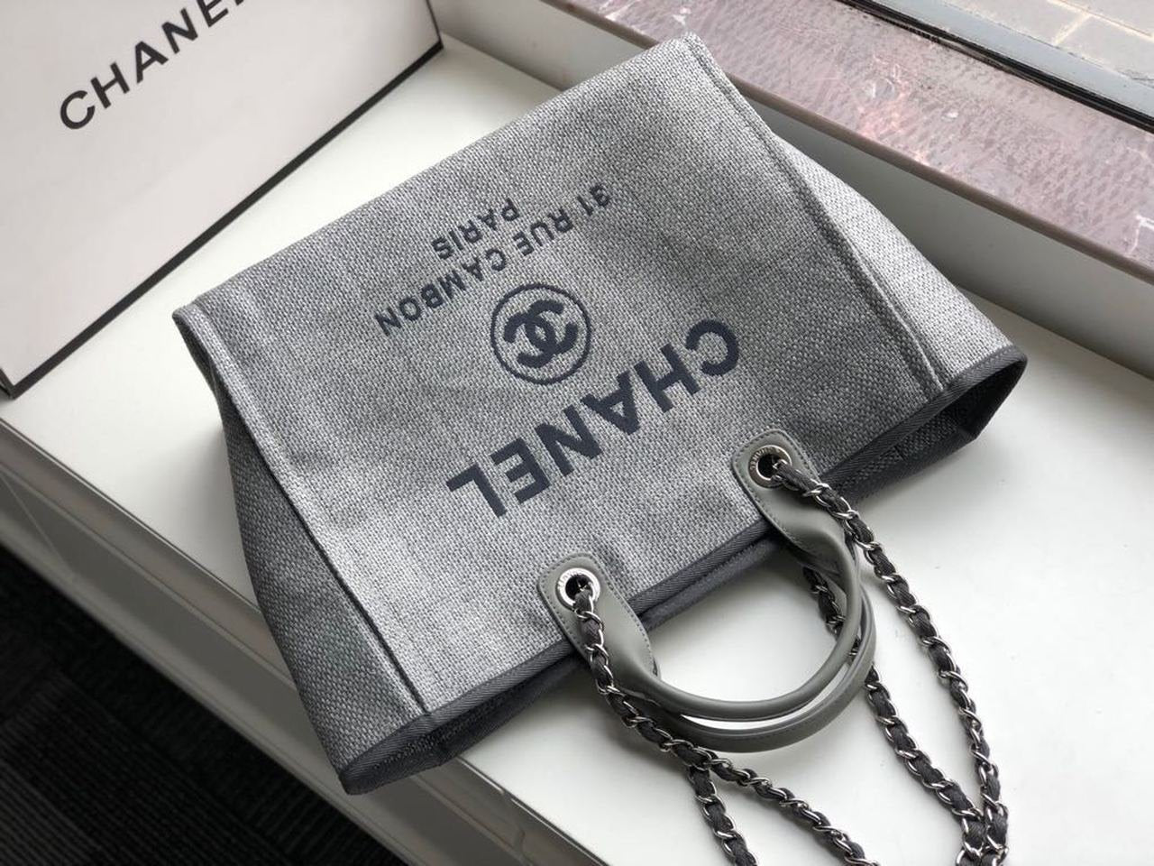 Chanel Deauville Tote 38cm Raffia Canvas Bag Fall/Winter Collection Light Grey/Black