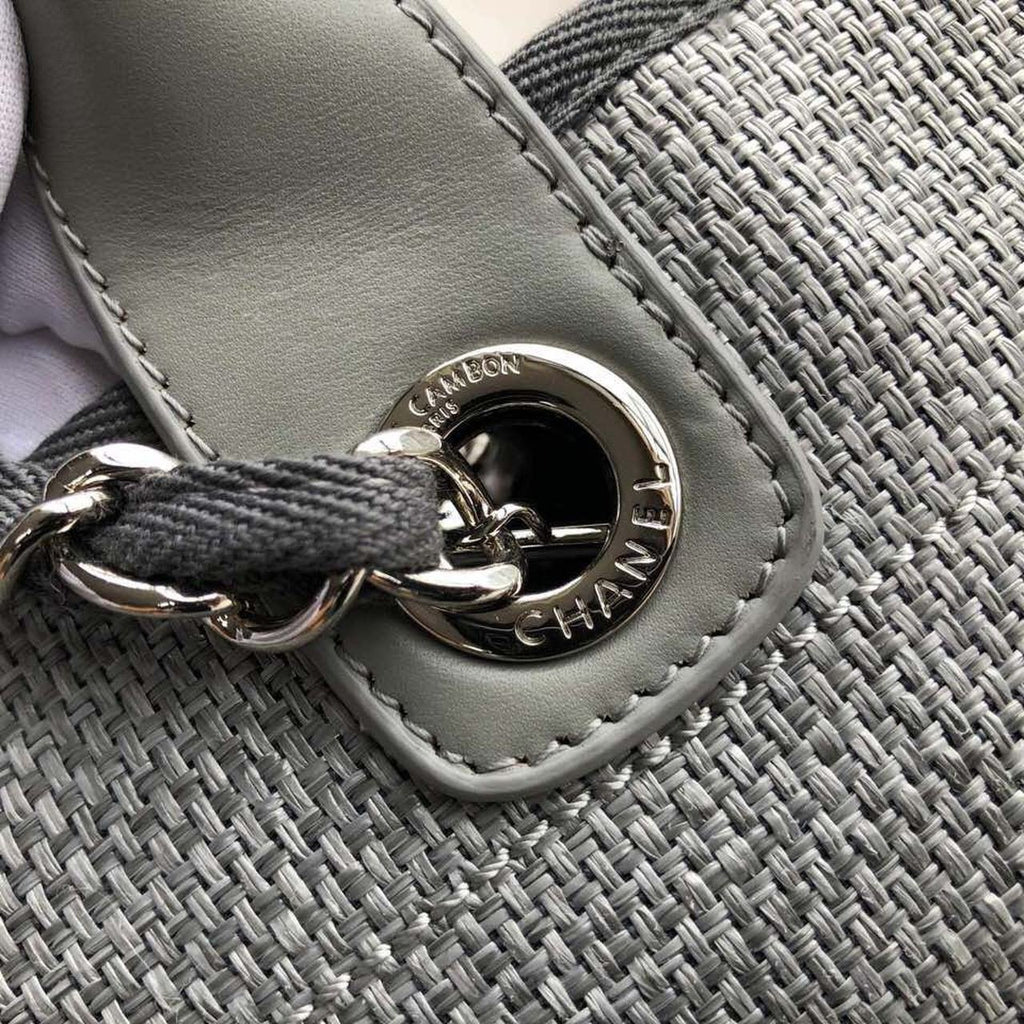 Chanel Deauville Tote 38cm Raffia Canvas Bag Fall/Winter Collection Light Grey/Black