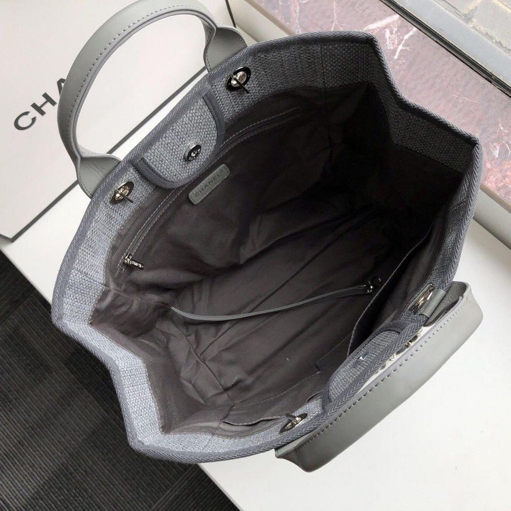 Chanel Deauville Tote 38cm Raffia Canvas Bag Fall/Winter Collection Light Grey/Black
