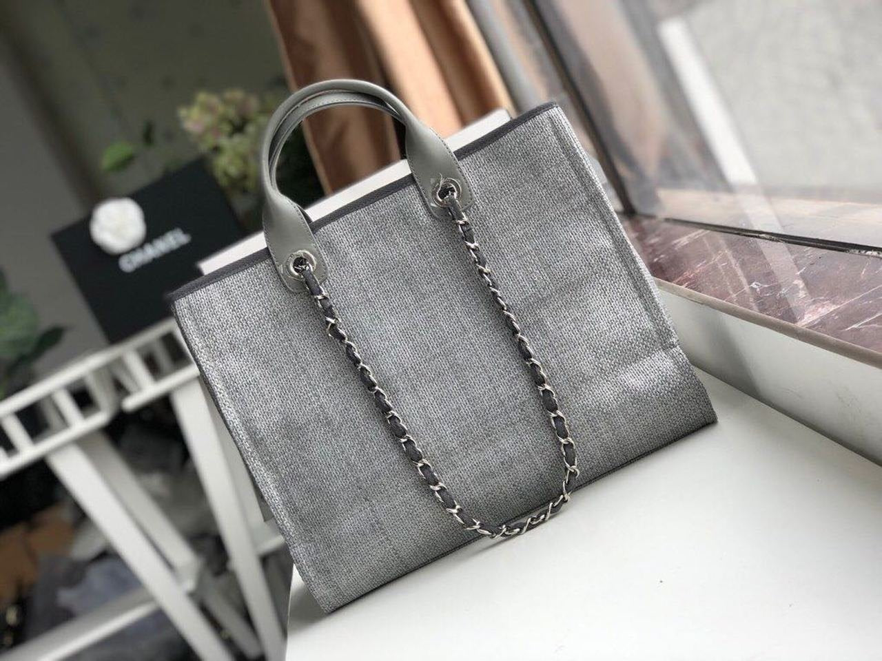 Chanel Deauville Tote 38cm Raffia Canvas Bag Fall/Winter Collection Light Grey/Black
