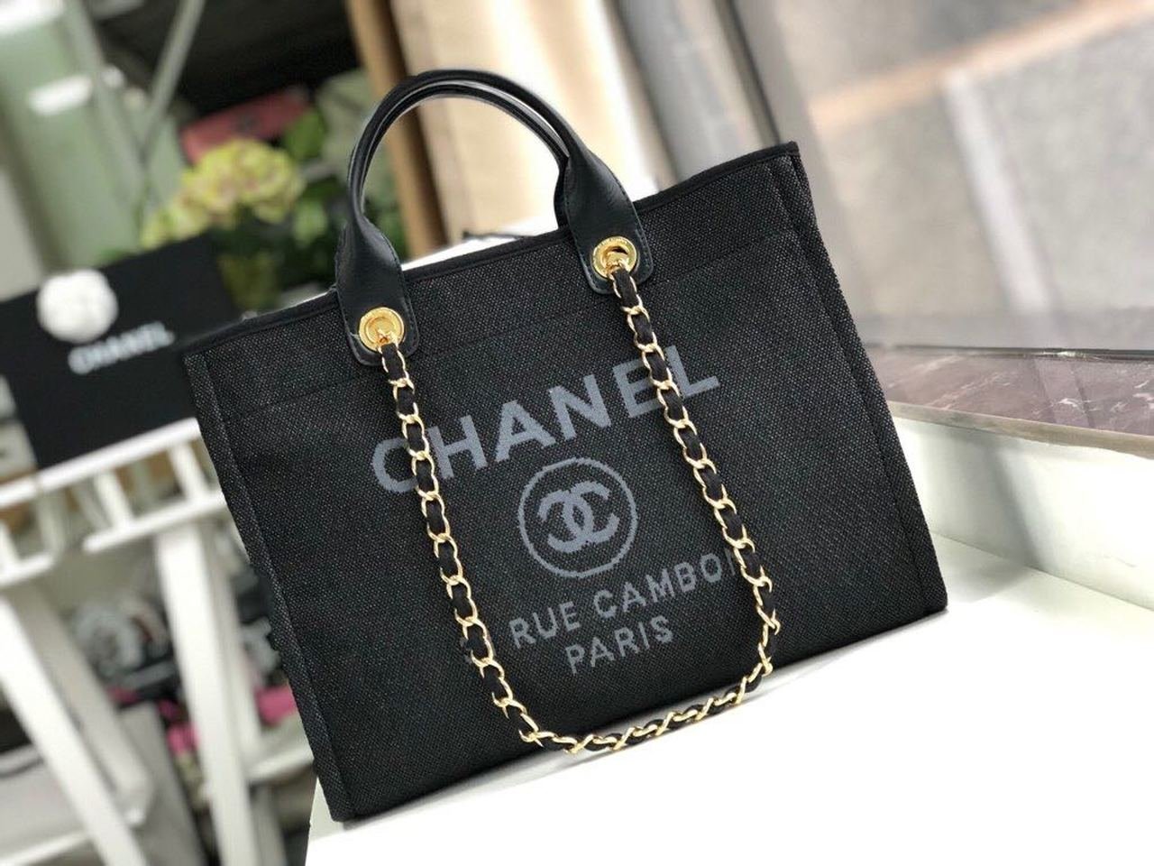 Chanel Deauville Tote 38cm Raffia Canvas Bag Fall/Winter Collection Black/Grey