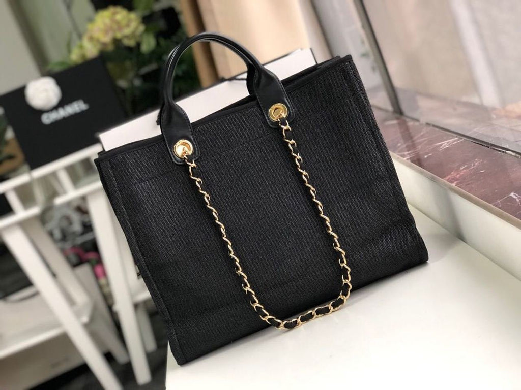 Chanel Deauville Tote 38cm Raffia Canvas Bag Fall/Winter Collection Black/Grey