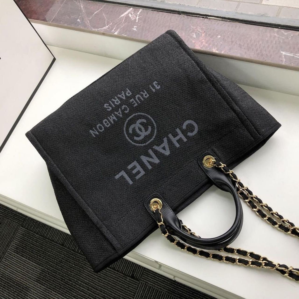 Chanel Deauville Tote 38cm Raffia Canvas Bag Fall/Winter Collection Black/Grey
