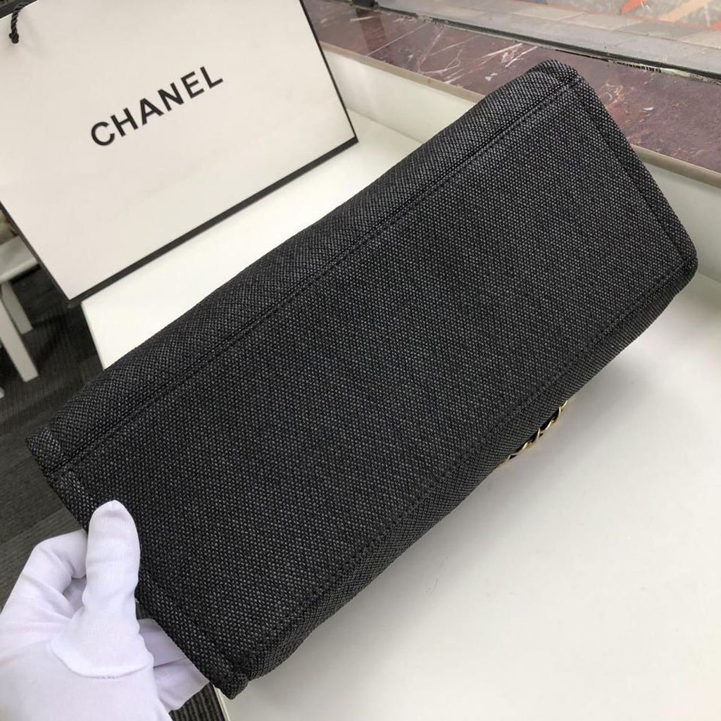 Chanel Deauville Tote 38cm Raffia Canvas Bag Fall/Winter Collection Black/Grey