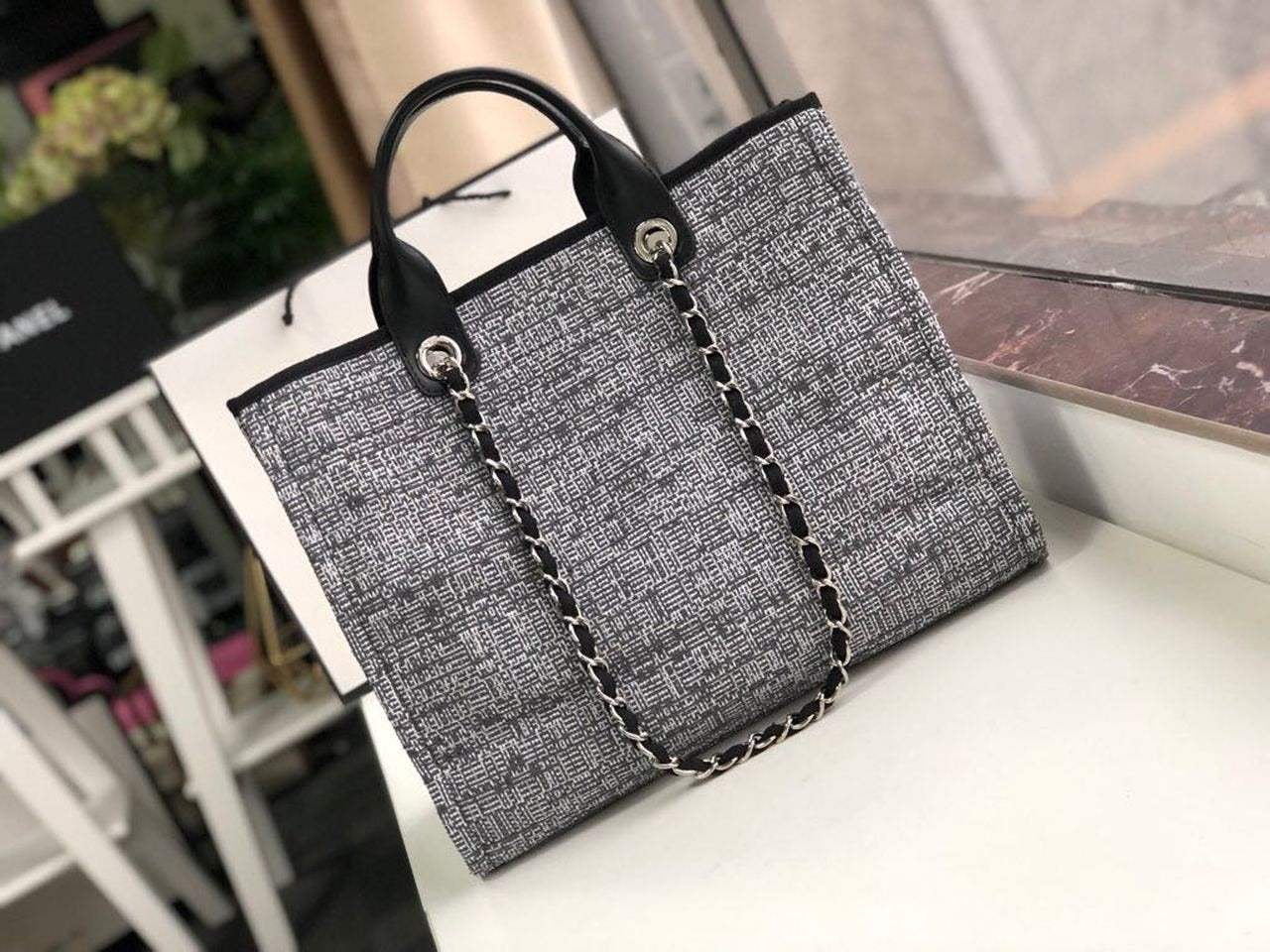 Chanel Deauville Tote 38cm Raffia Canvas Bag Fall/Winter Collection, Black/White