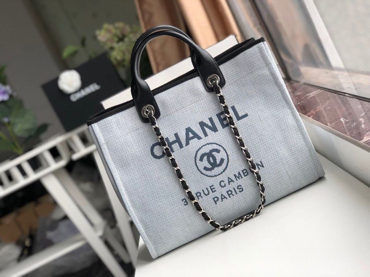 Chanel Deauville Tote 38cm Raffia Canvas Bag Fall/Winter Collection Light Blue/Black