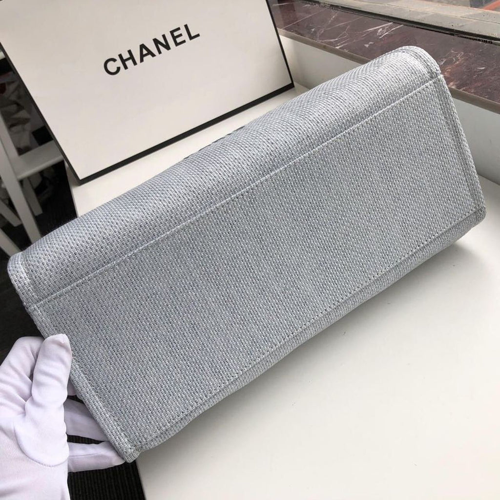 Chanel Deauville Tote 38cm Raffia Canvas Bag Fall/Winter Collection Light Blue/Black