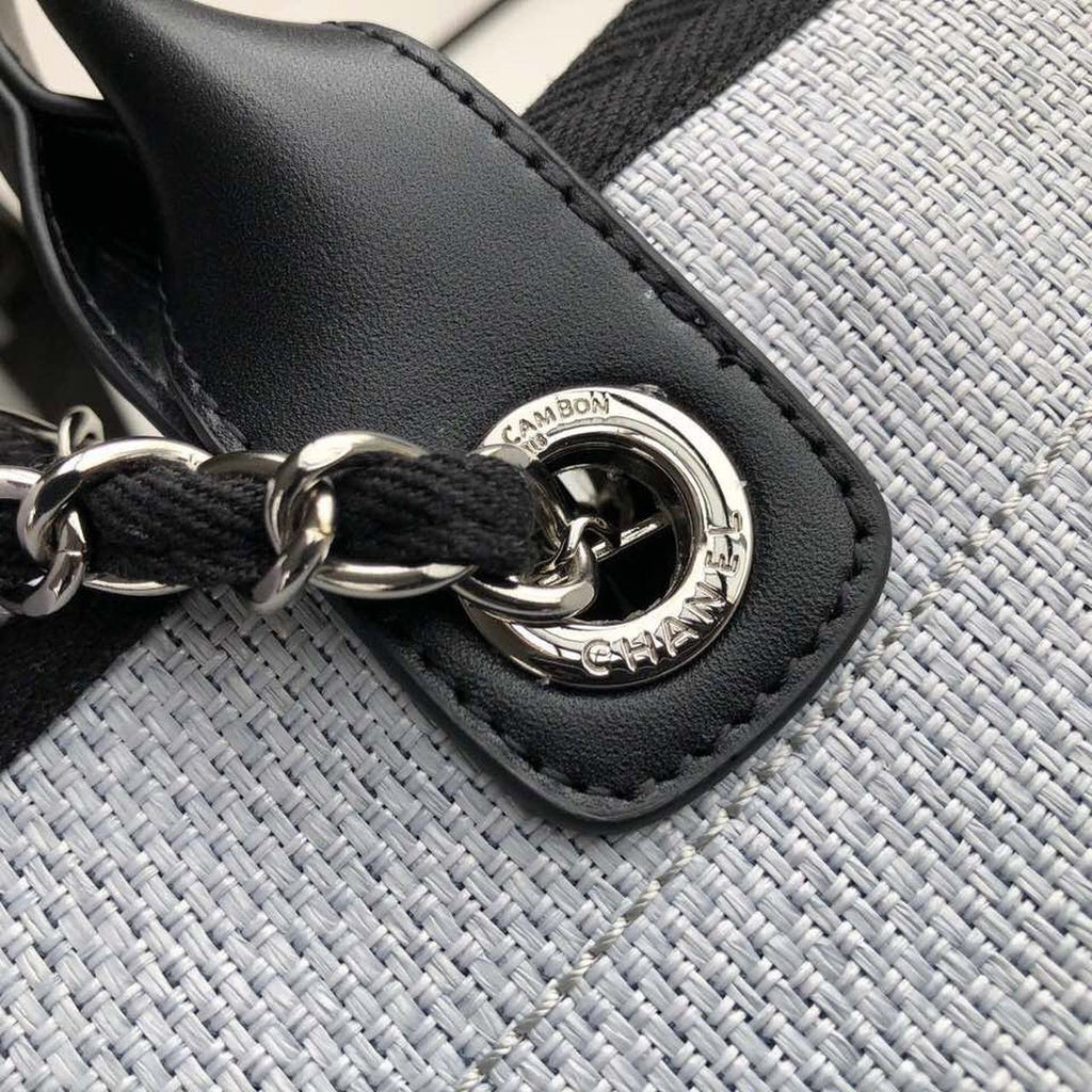 Chanel Deauville Tote 38cm Raffia Canvas Bag Fall/Winter Collection Light Blue/Black