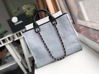 Chanel Deauville Tote 38cm Raffia Canvas Bag Fall/Winter Collection Light Blue/Black