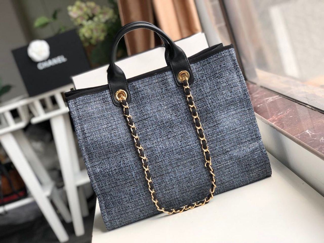 Chanel Deauville Tote 38cm Raffia Canvas Bag Fall/Winter Collection Dark Denim Blue/Black