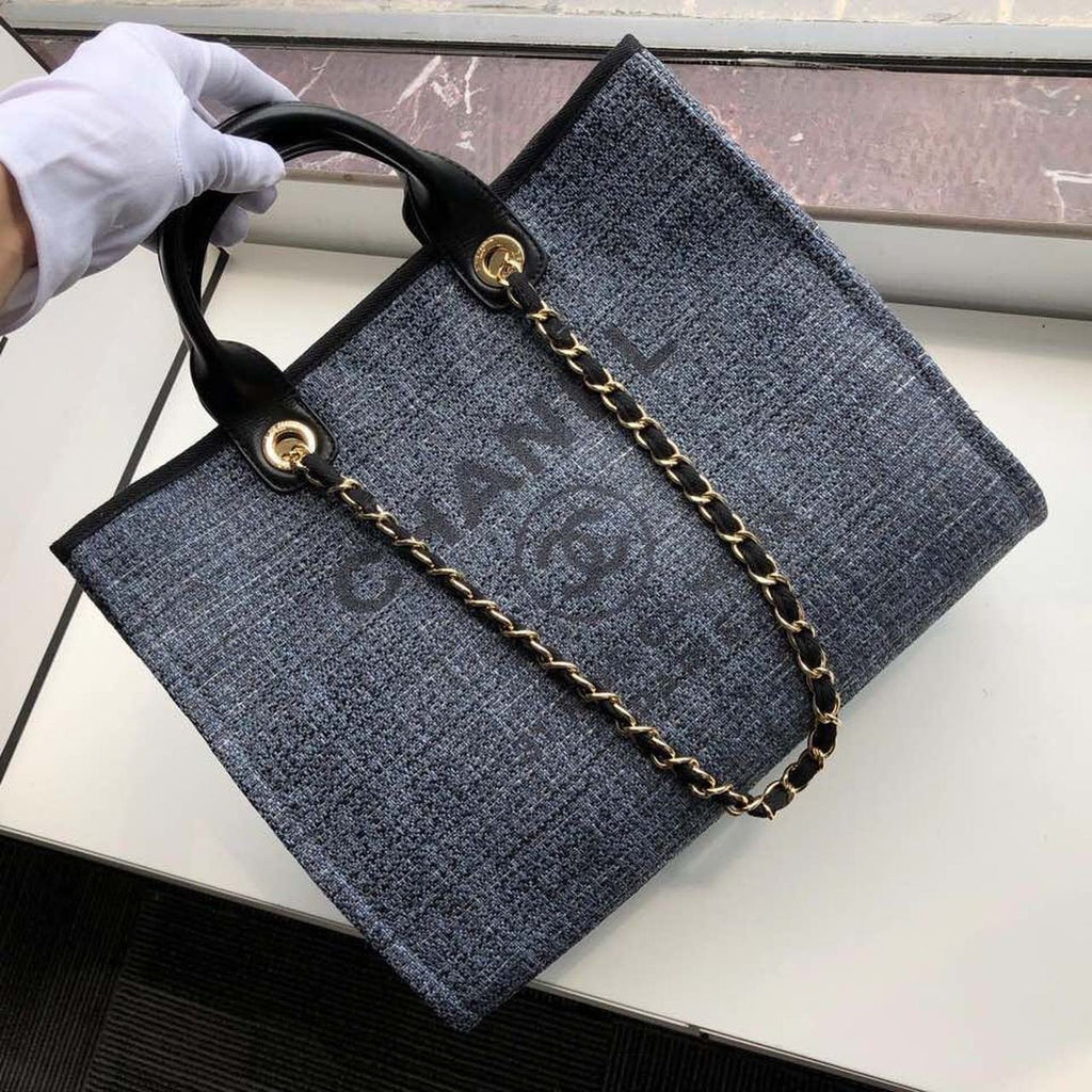 Chanel Deauville Tote 38cm Raffia Canvas Bag Fall/Winter Collection Dark Denim Blue/Black