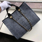 Chanel Deauville Tote 38cm Raffia Canvas Bag Fall/Winter Collection Dark Denim Blue/Black