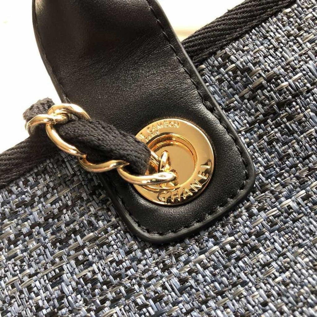 Chanel Deauville Tote 38cm Raffia Canvas Bag Fall/Winter Collection Dark Denim Blue/Black