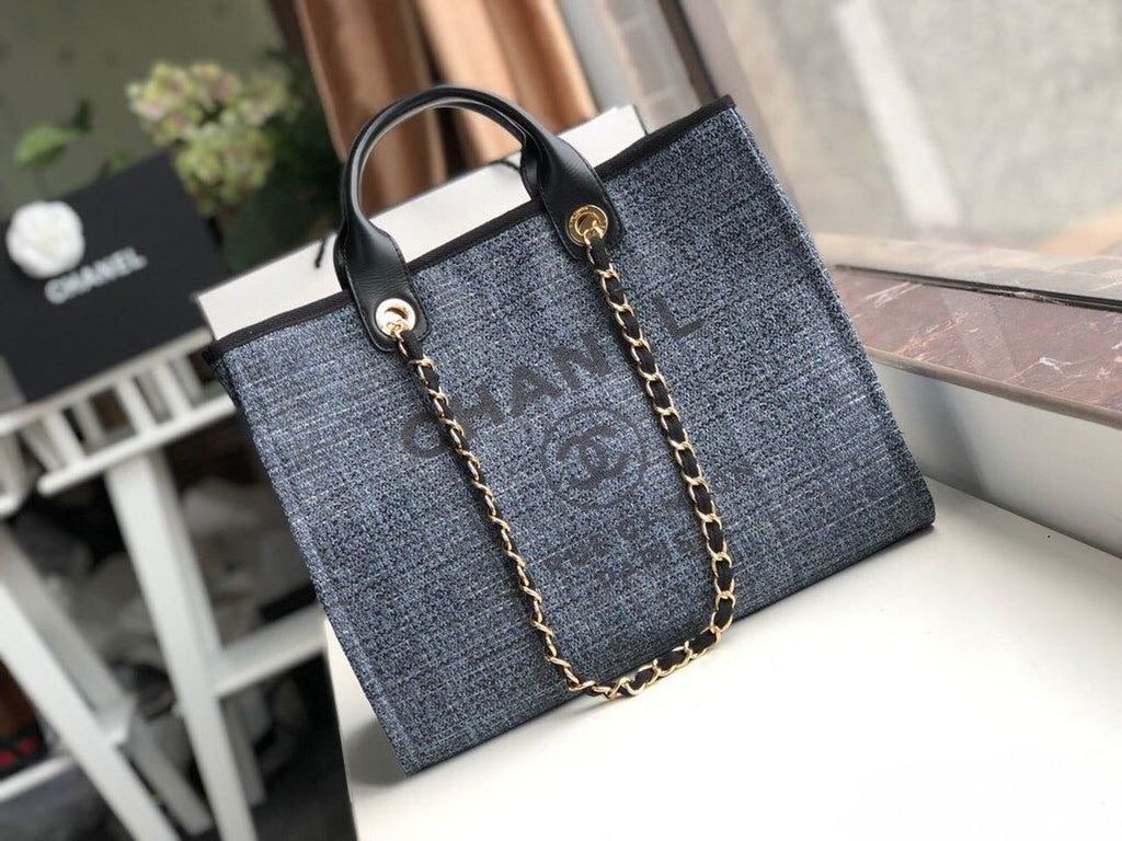 Chanel Deauville Tote 38cm Raffia Canvas Bag Fall/Winter Collection Dark Denim Blue/Black