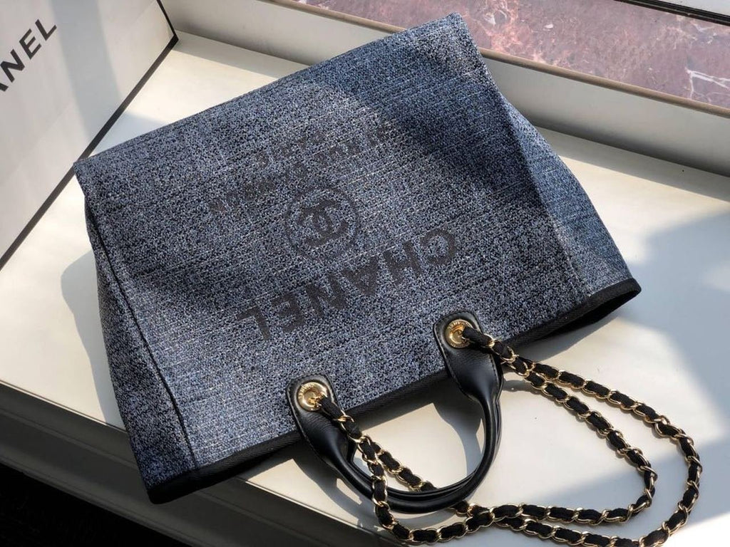 Chanel Deauville Tote 38cm Raffia Canvas Bag Fall/Winter Collection Dark Denim Blue/Black