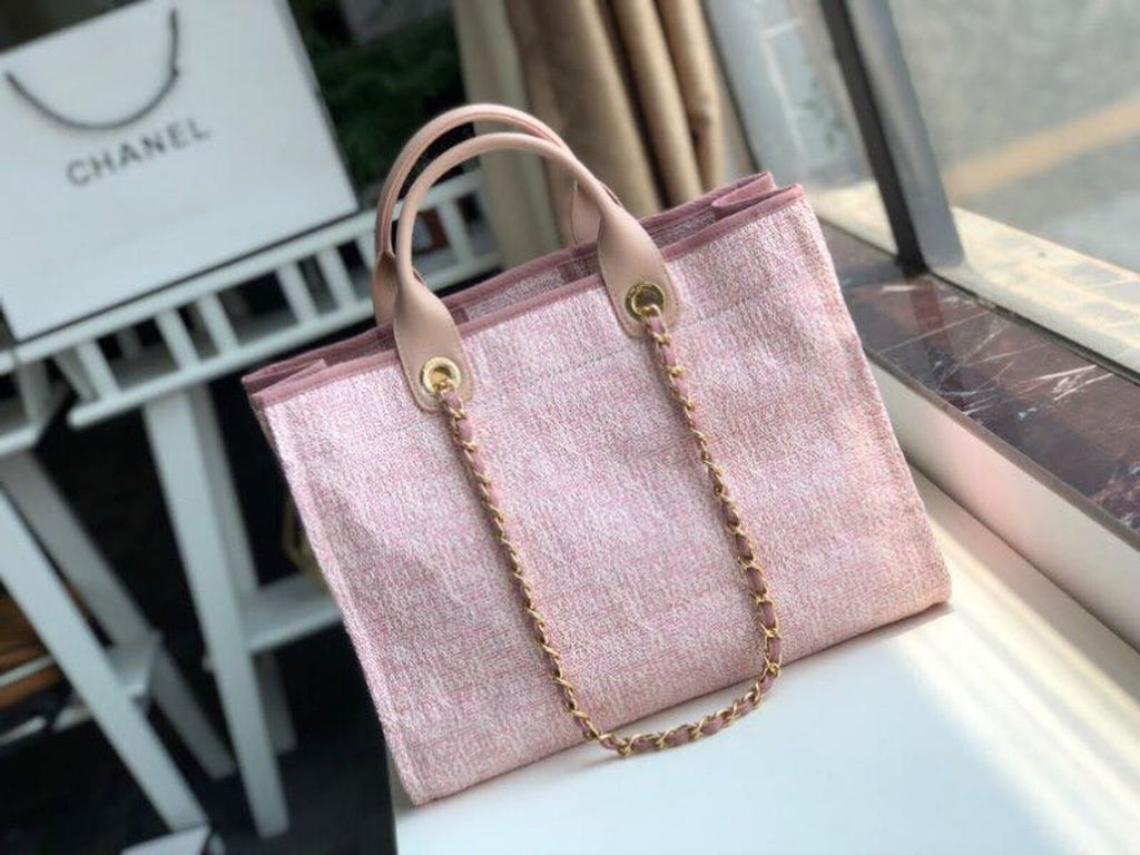 Chanel Deauville Tote 38cm Raffia Canvas Bag Fall/Winter Collection Dusty Pink/White