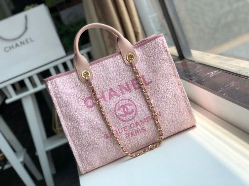Chanel Deauville Tote 38cm Raffia Canvas Bag Fall/Winter Collection Dusty Pink/White