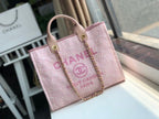 Chanel Deauville Tote 38cm Raffia Canvas Bag Fall/Winter Collection Dusty Pink/White