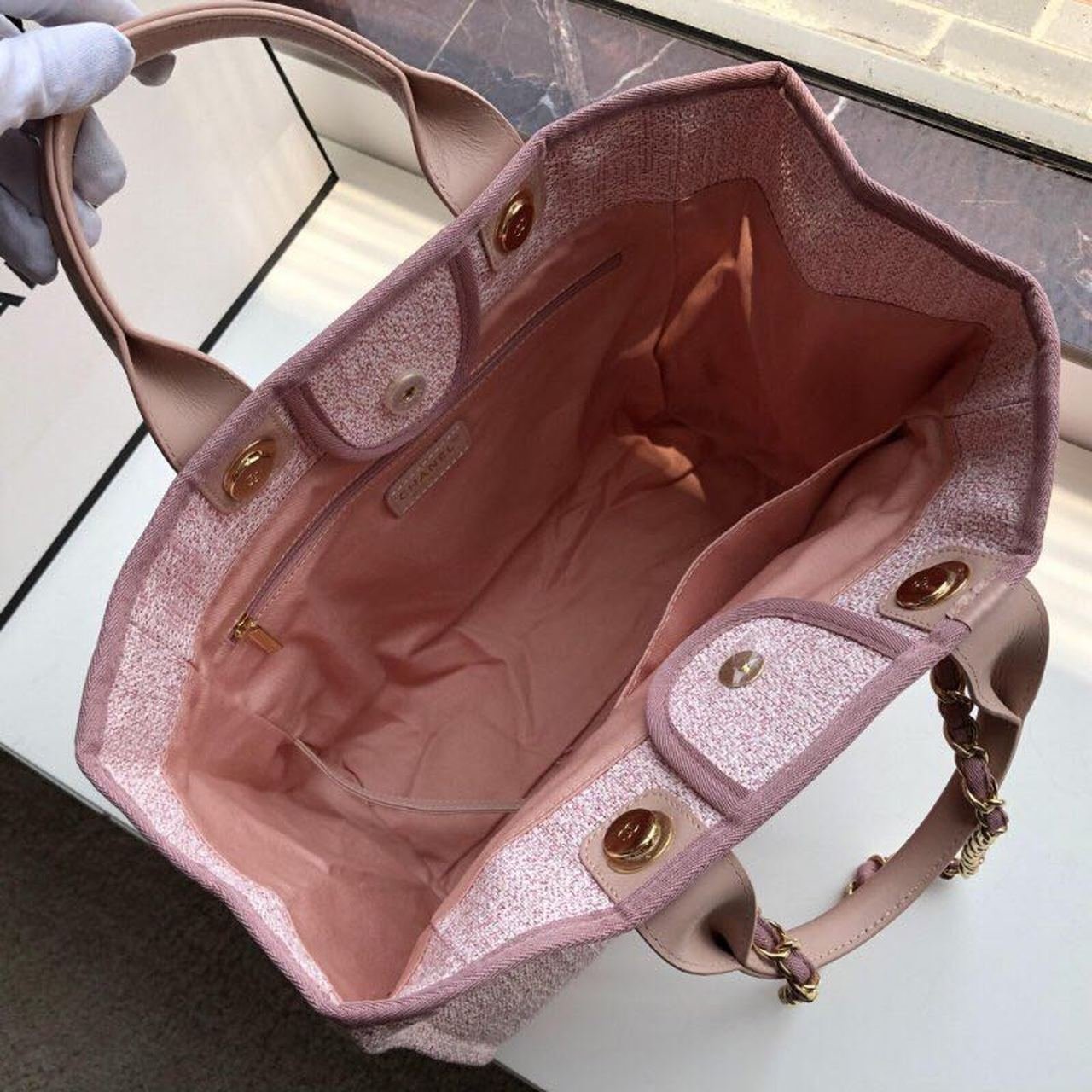 Chanel Deauville Tote 38cm Raffia Canvas Bag Fall/Winter Collection Dusty Pink/White