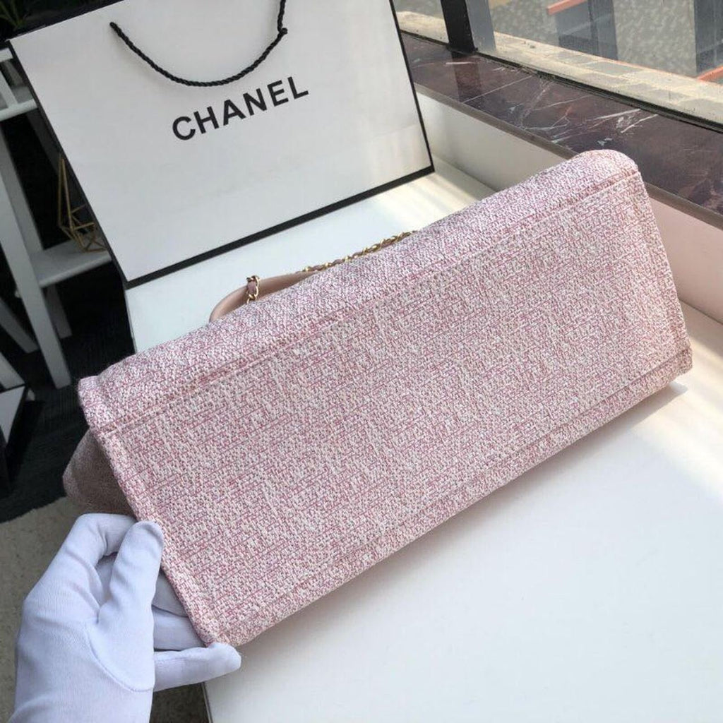Chanel Deauville Tote 38cm Raffia Canvas Bag Fall/Winter Collection Dusty Pink/White