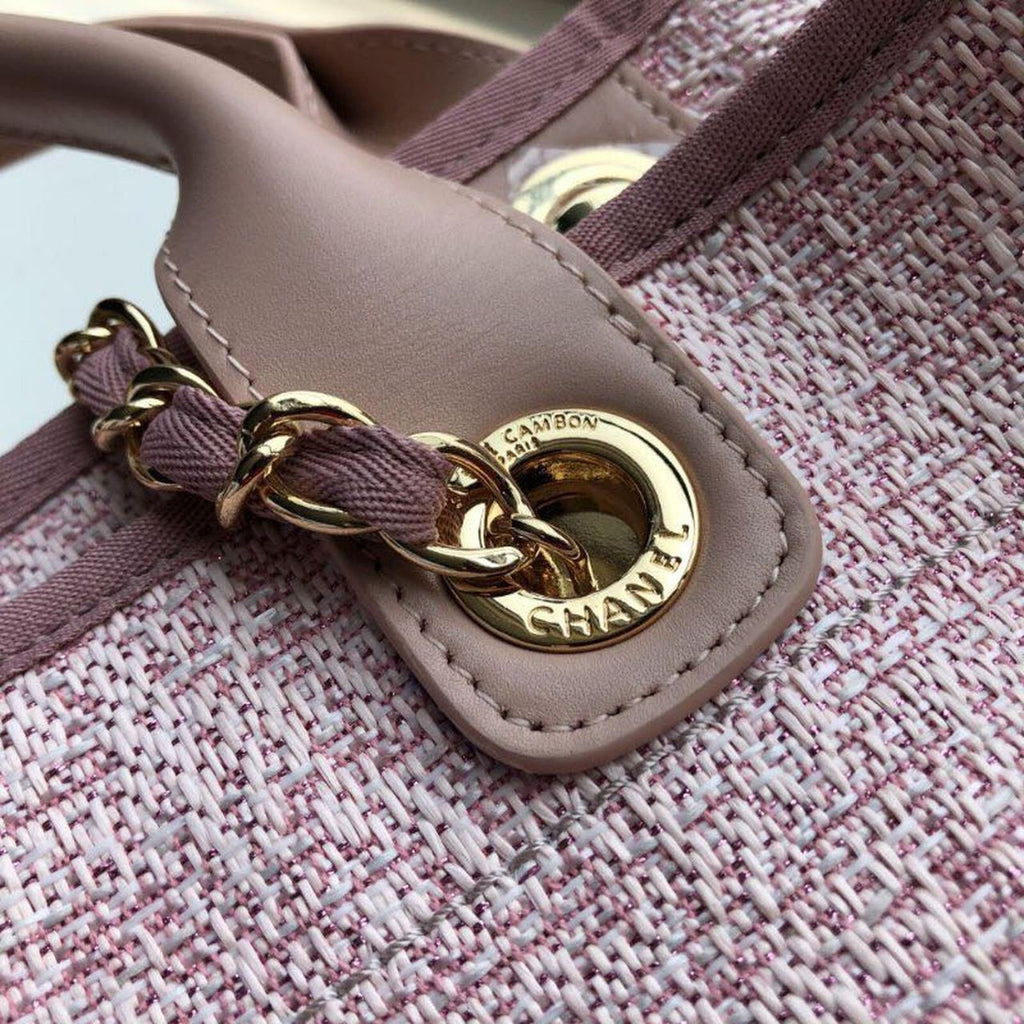 Chanel Deauville Tote 38cm Raffia Canvas Bag Fall/Winter Collection Dusty Pink/White