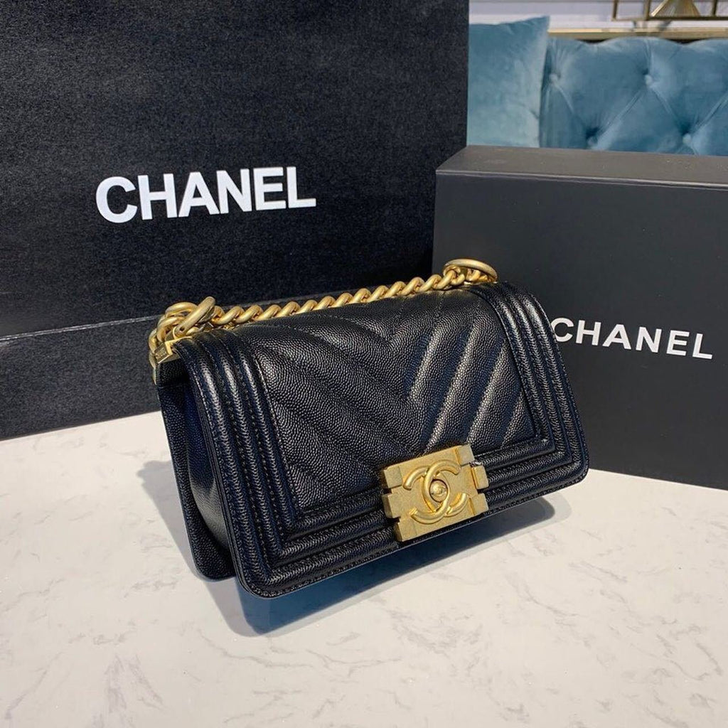 Chanel Chevron Boy Bag 20cm Caviar Leather Antique Gold Hardware Fall/Winter Act 1 Collection Black