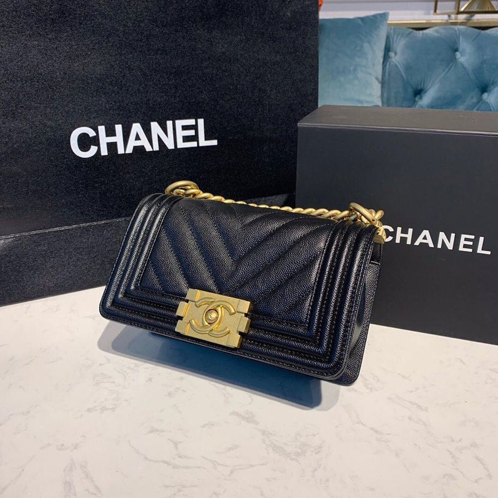 Chanel Chevron Boy Bag 20cm Caviar Leather Antique Gold Hardware Fall/Winter Act 1 Collection Black